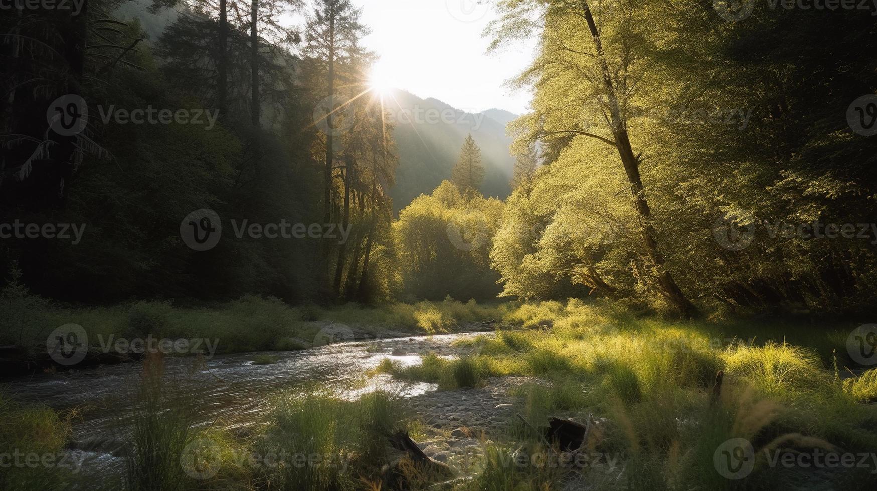 A peaceful forest clearing bathed in warm sunlight, surrounded by tall trees and lush foliage, with a gentle stream trickling through the undergrowth and a distant mountain range visible photo