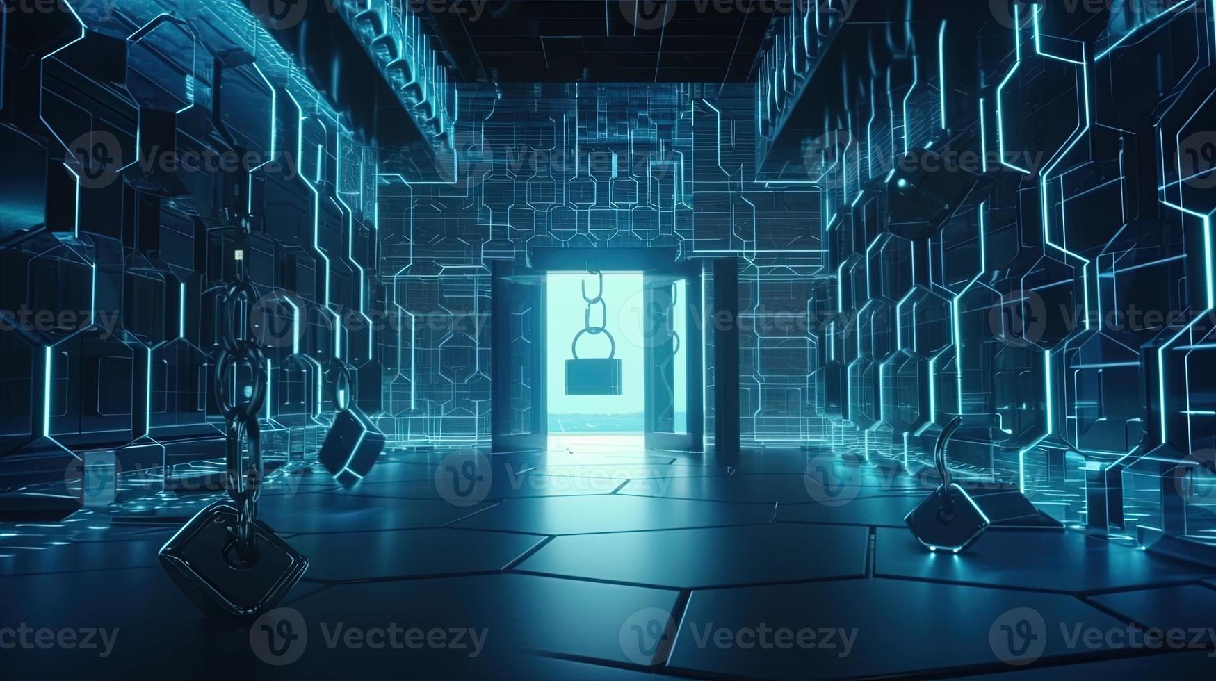 Cyber security concept with closed padlock on hexagons background 3D rendering photo