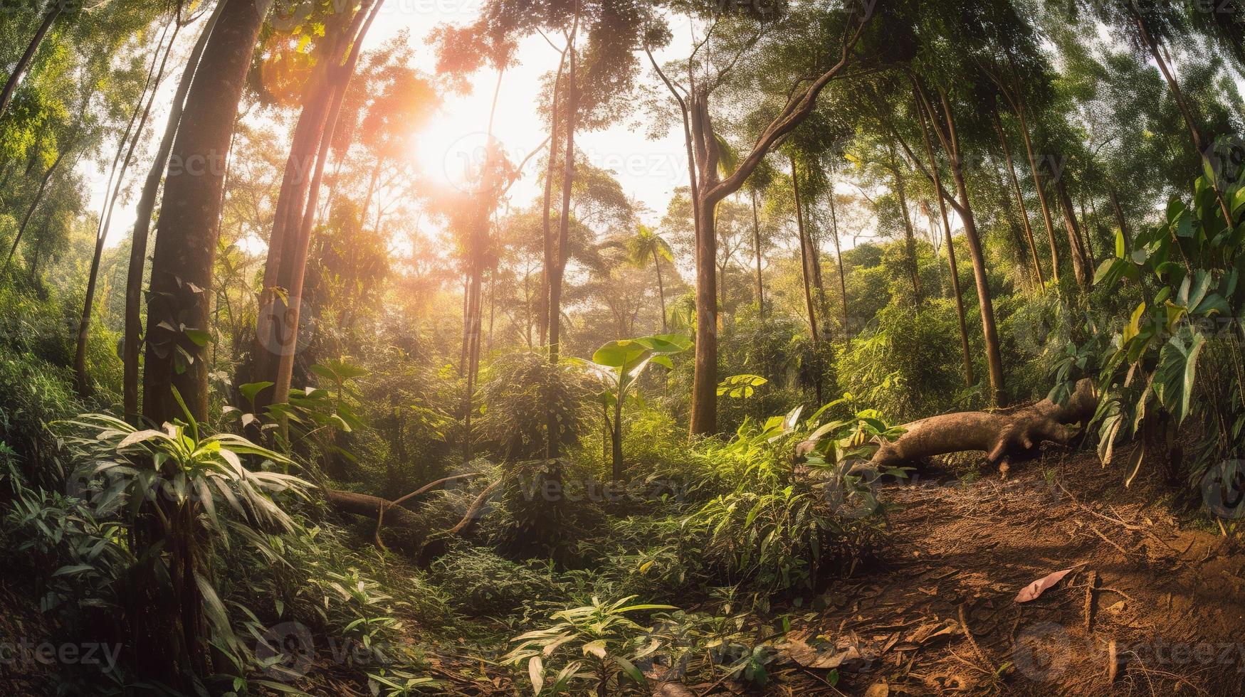 A peaceful forest clearing bathed in warm sunlight, surrounded by tall trees and lush foliage, with a gentle stream trickling through the undergrowth and a distant mountain range visible photo