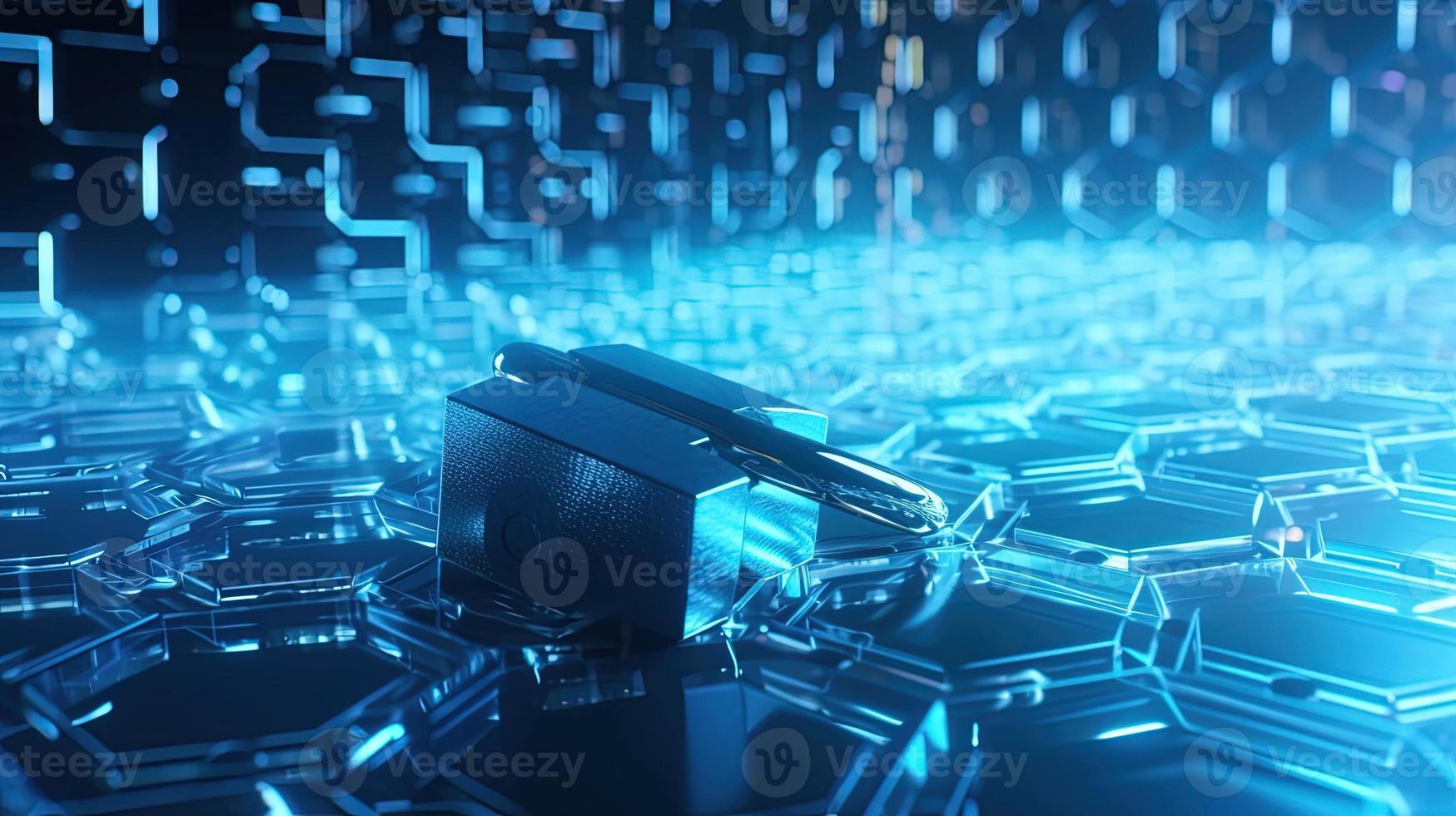 Cyber security concept with closed padlock on hexagons background 3D rendering photo
