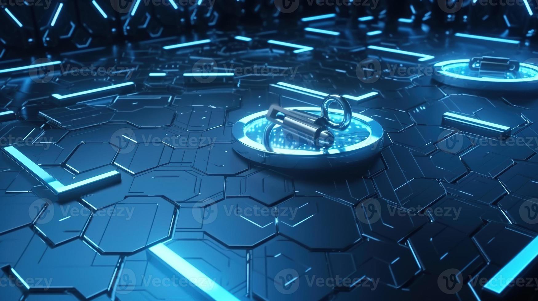 Cyber security concept with closed padlock on hexagons background 3D rendering photo