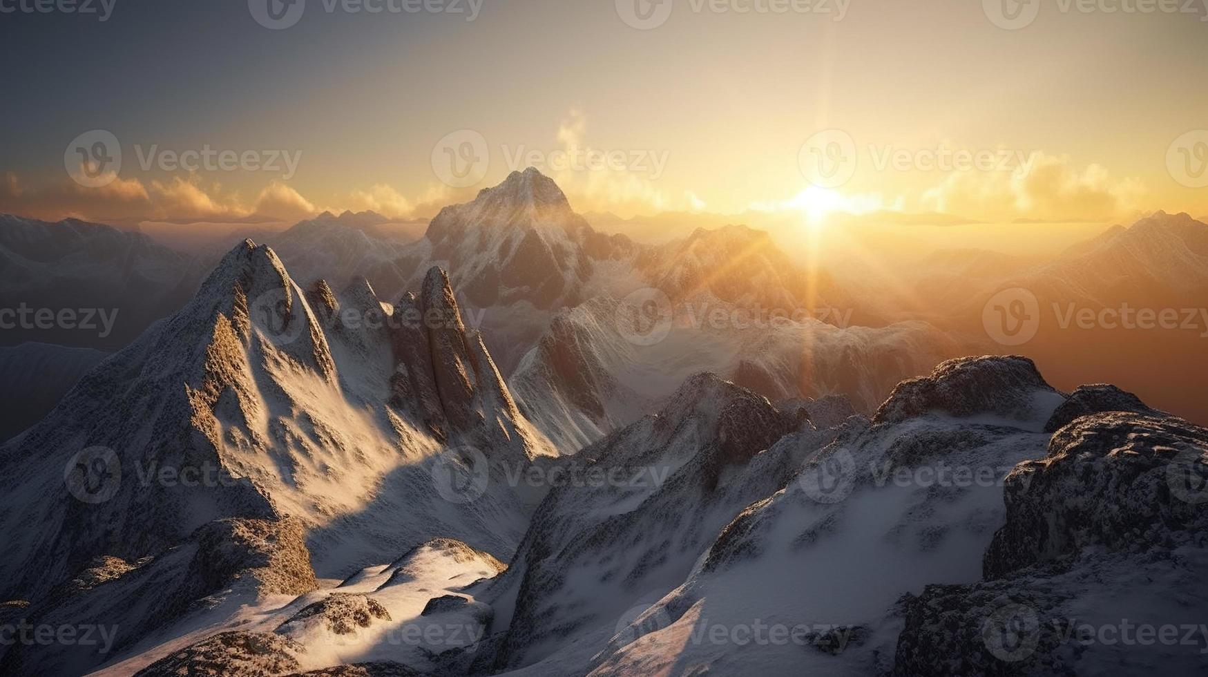 puesta de sol en el montañas. amanecer en el montañas. hermosa invierno paisaje, montaña paisaje a puesta de sol. panorámico ver de el montañas foto