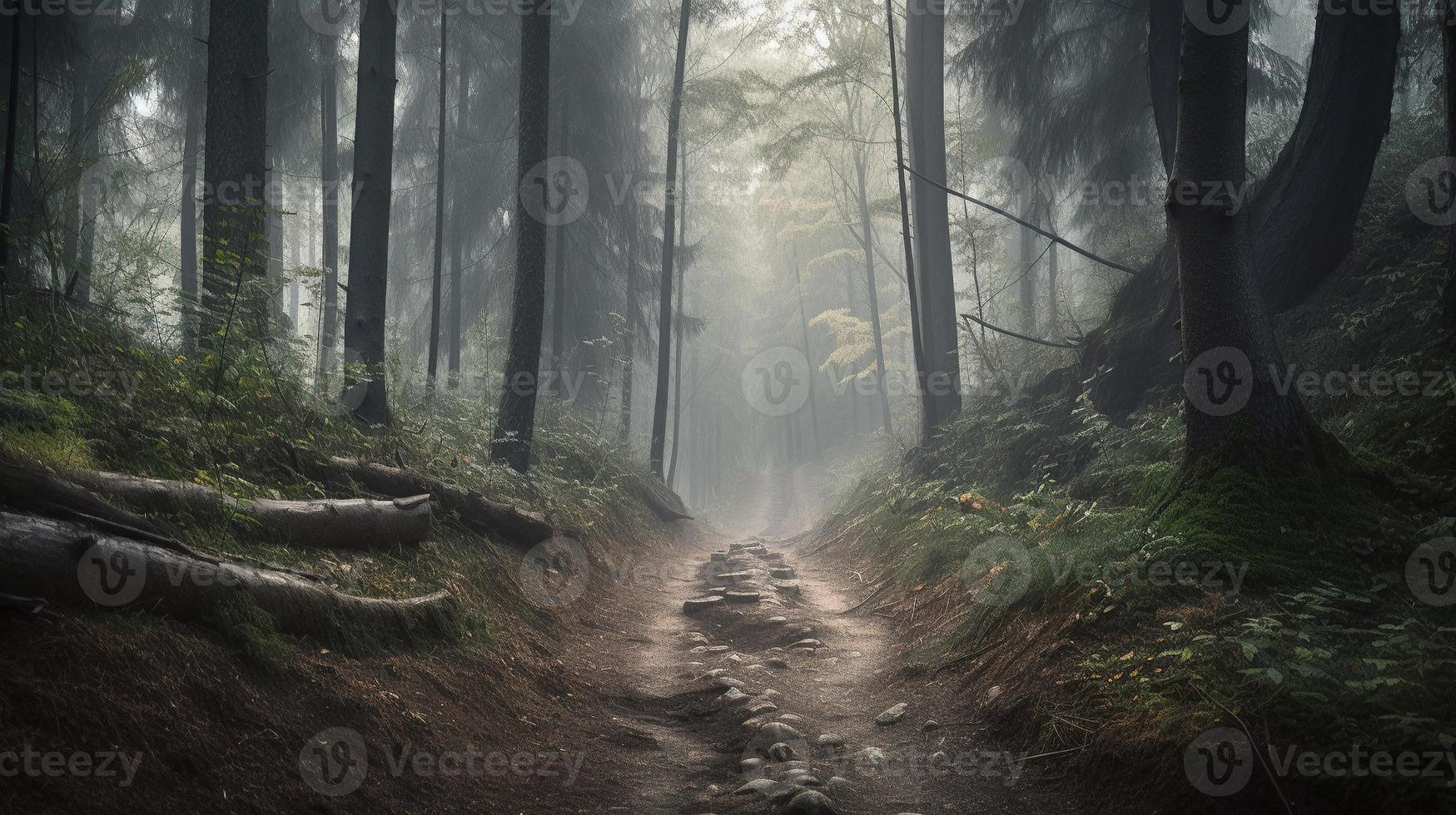 brumoso camino mediante el bosque ,atardecer en un oscuro bosque con rayos de ligero paso mediante el arboles foto