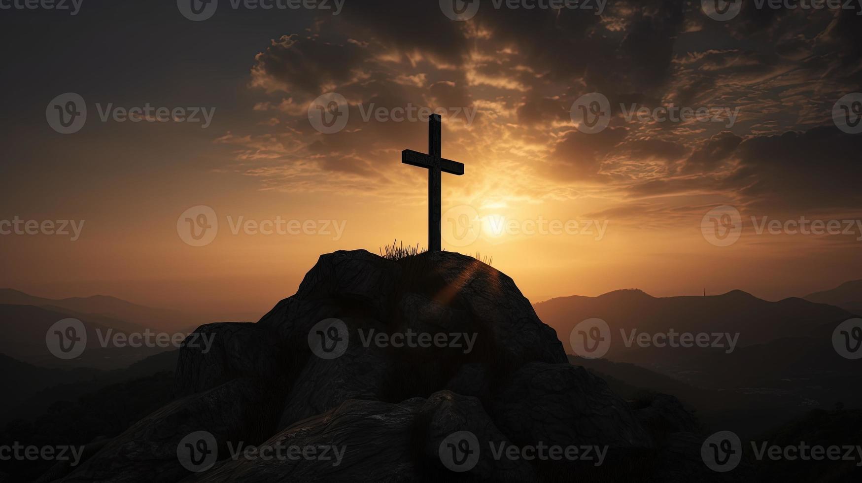 Mountain Majesty Artistic Silhouette of Crucifix Cross Against Sunset Sky photo