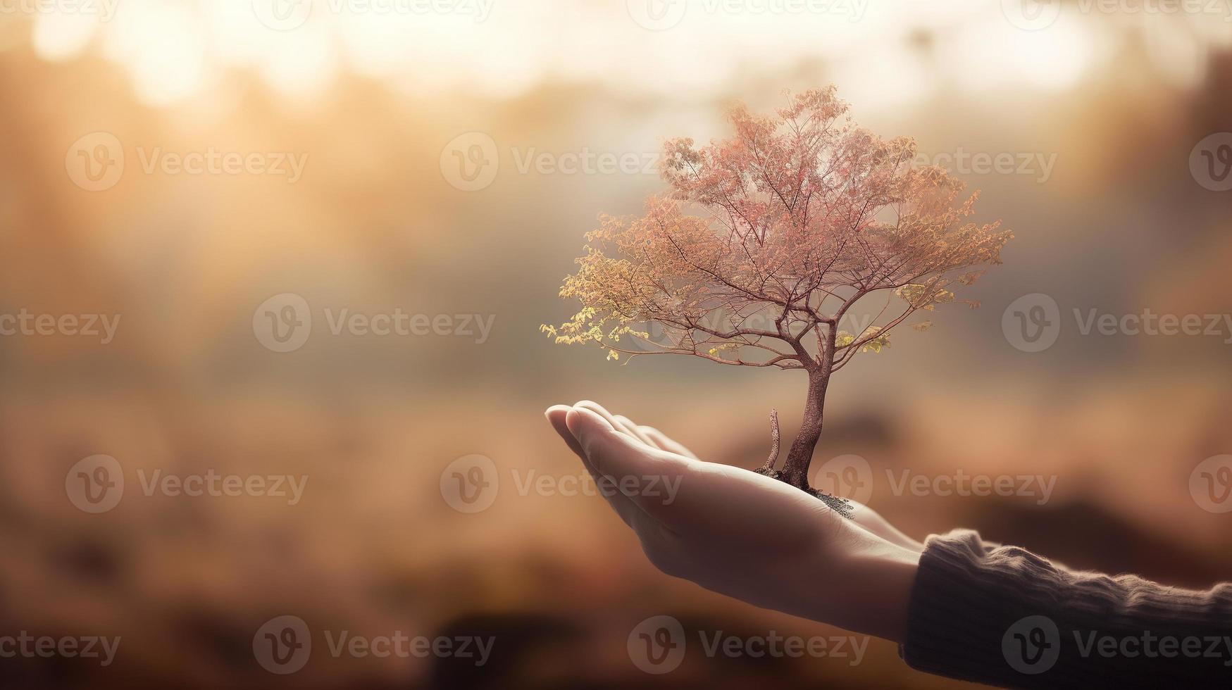 Artistic Hands Embrace Nature's Beauty Holding Tree Over Blurred Background photo