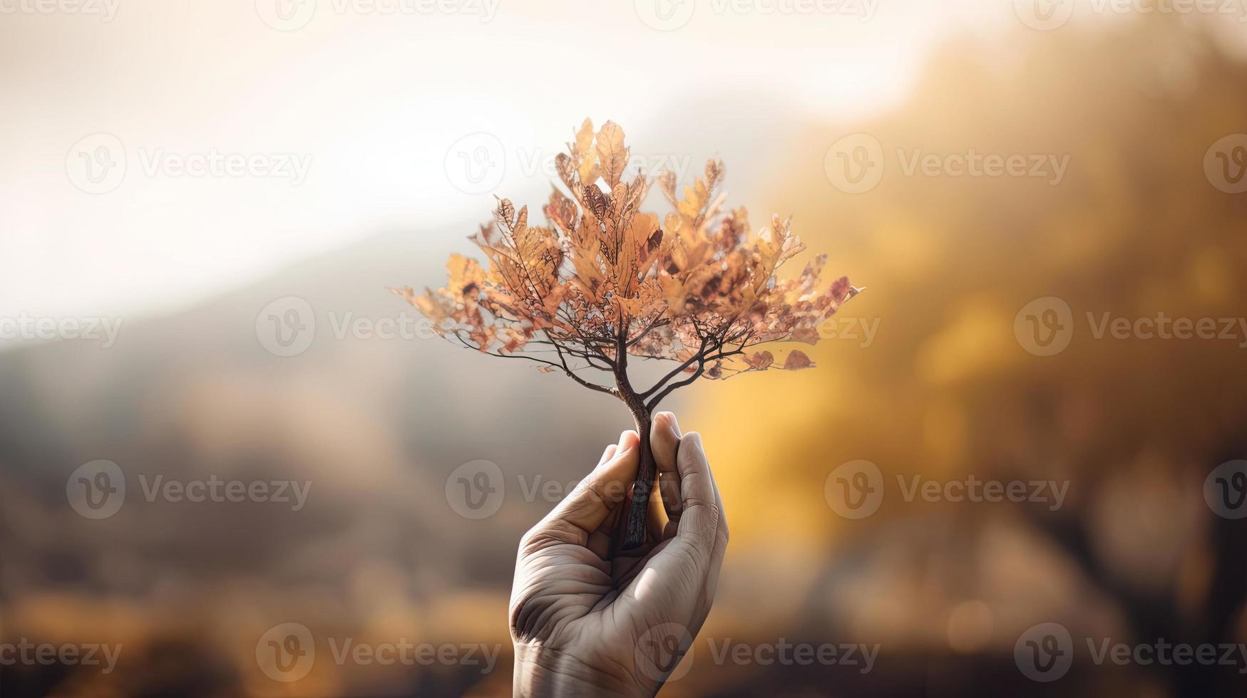 Artistic Hands Embrace Nature's Beauty Holding Tree Over Blurred Background photo