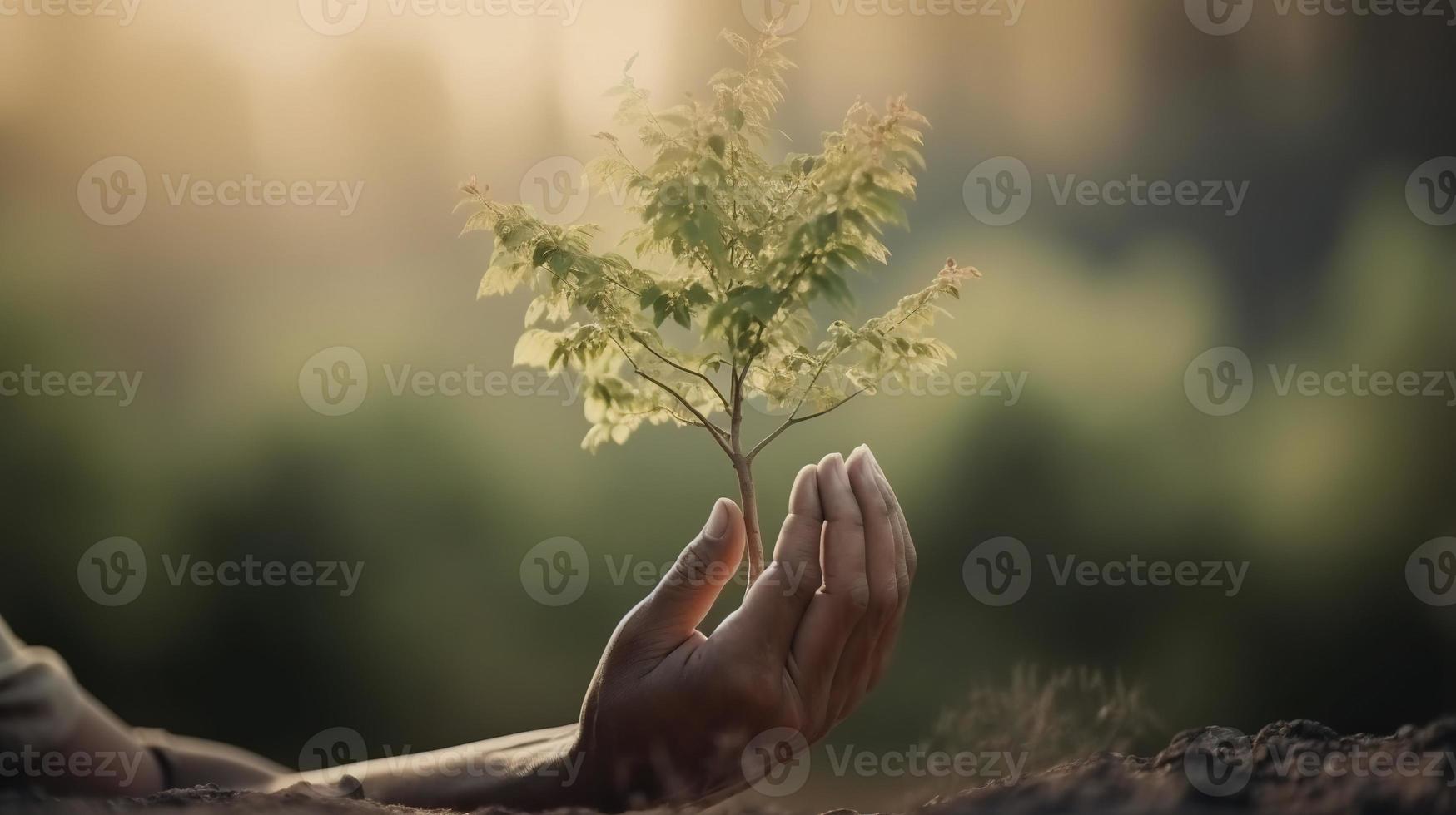 Artistic Hands Embrace Nature's Beauty Holding Tree Over Blurred Background photo