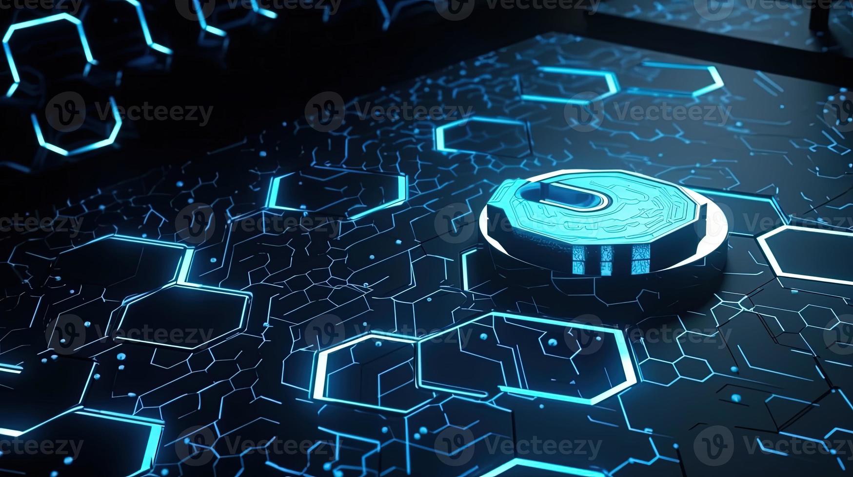 Cyber security concept with closed padlock on hexagons background 3D rendering photo