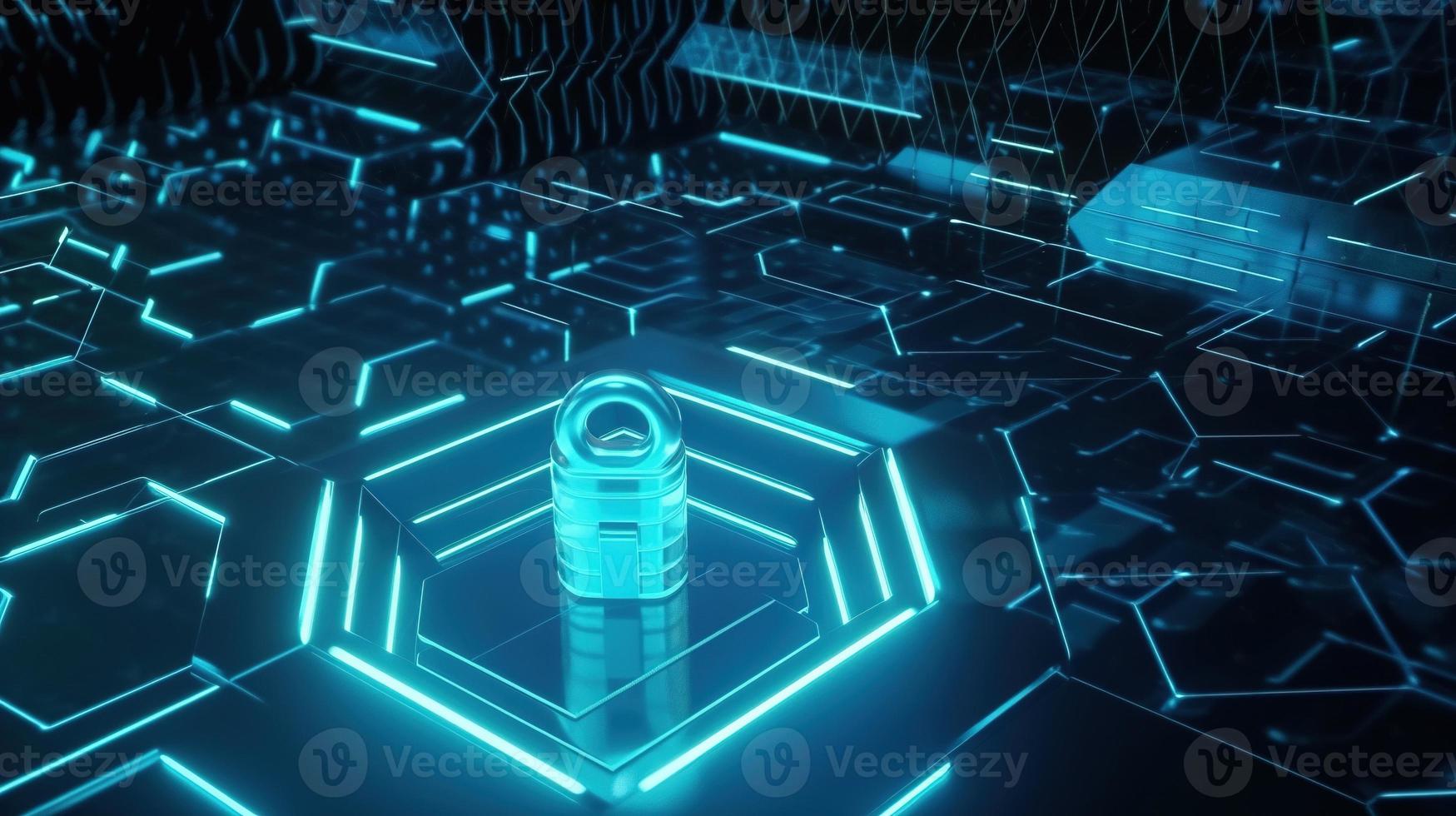 Cyber security concept with closed padlock on hexagons background 3D rendering photo