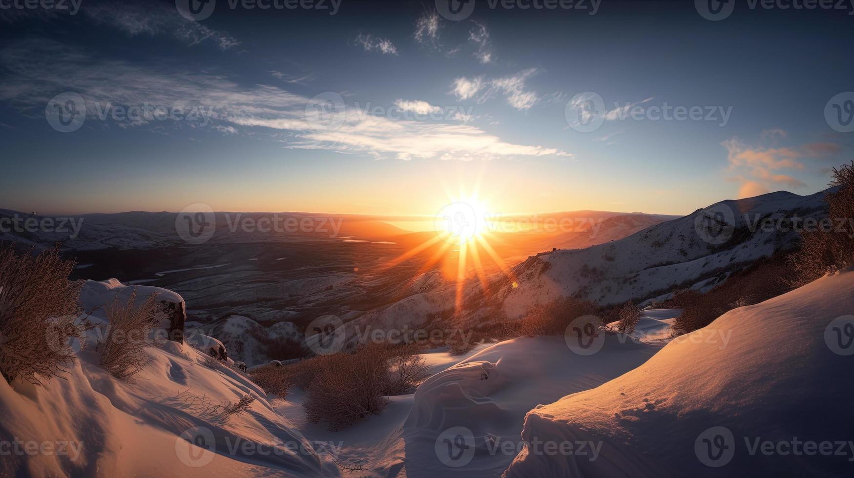 puesta de sol en el montañas. amanecer en el montañas. hermosa invierno paisaje, montaña paisaje a puesta de sol. panorámico ver de el montañas foto