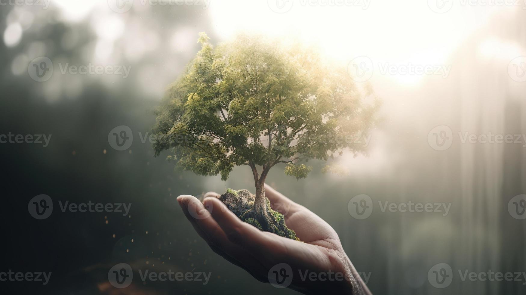 Artistic Hands Embrace Nature's Beauty Holding Tree Over Blurred Background photo