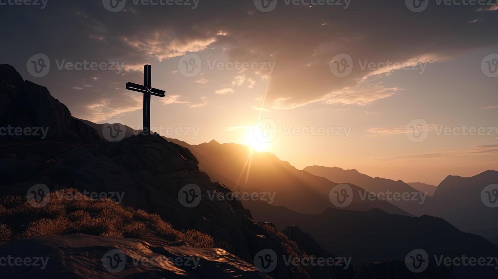 Mountain Majesty Artistic Silhouette of Crucifix Cross Against Sunset Sky photo