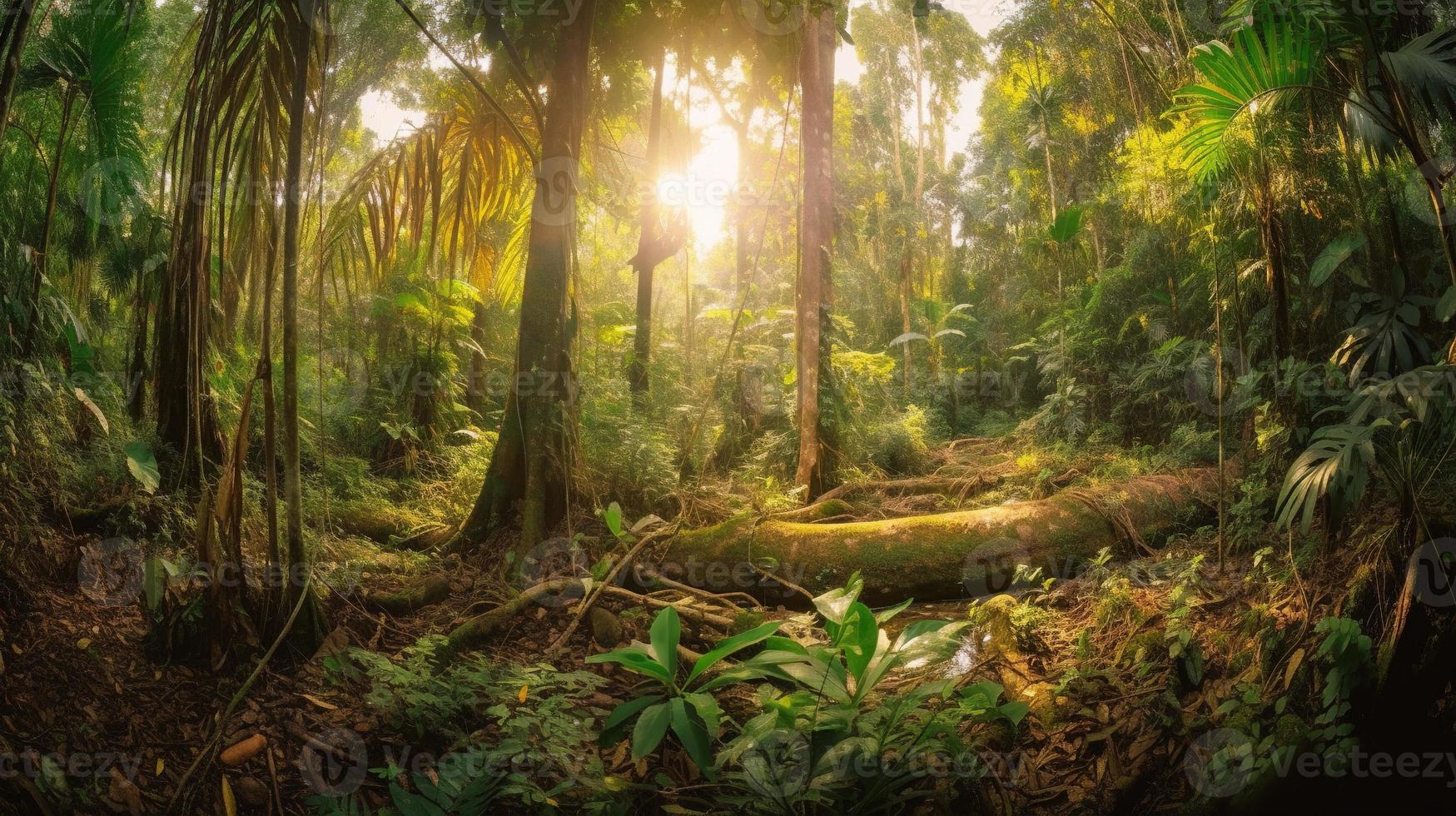 A peaceful forest clearing bathed in warm sunlight, surrounded by tall trees and lush foliage, with a gentle stream trickling through the undergrowth and a distant mountain range visible photo