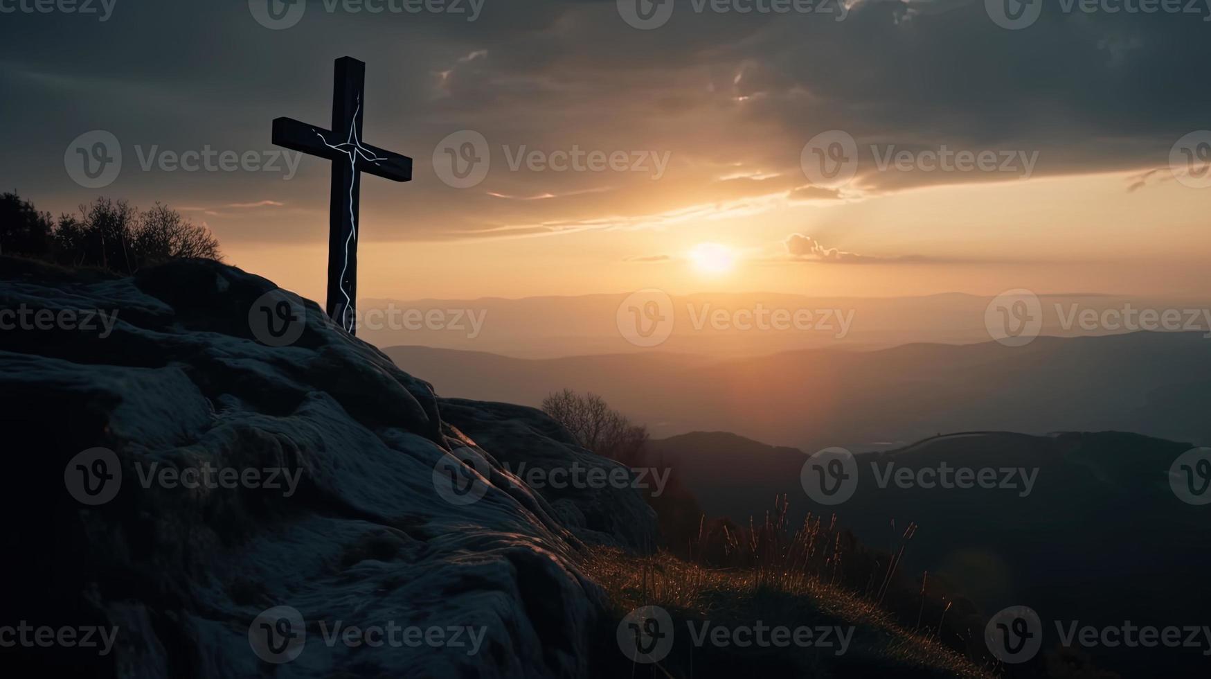 Mountain Majesty Artistic Silhouette of Crucifix Cross Against Sunset Sky photo