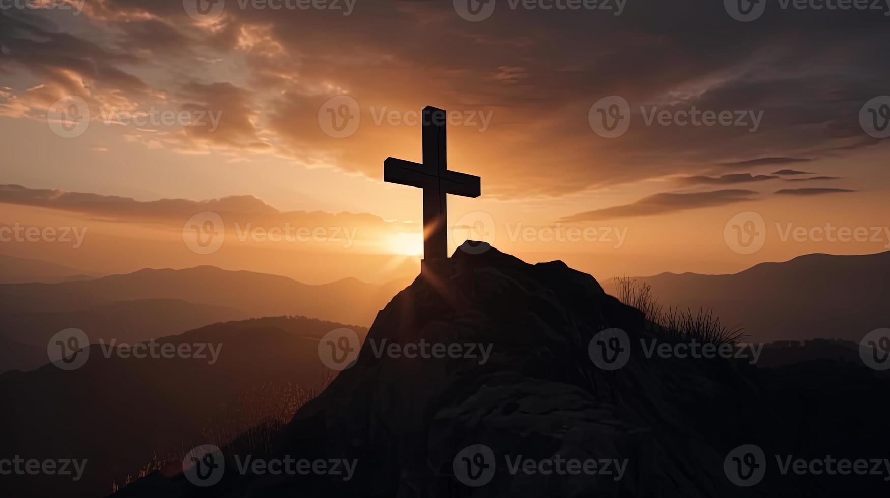 Mountain Majesty Artistic Silhouette of Crucifix Cross Against Sunset Sky photo