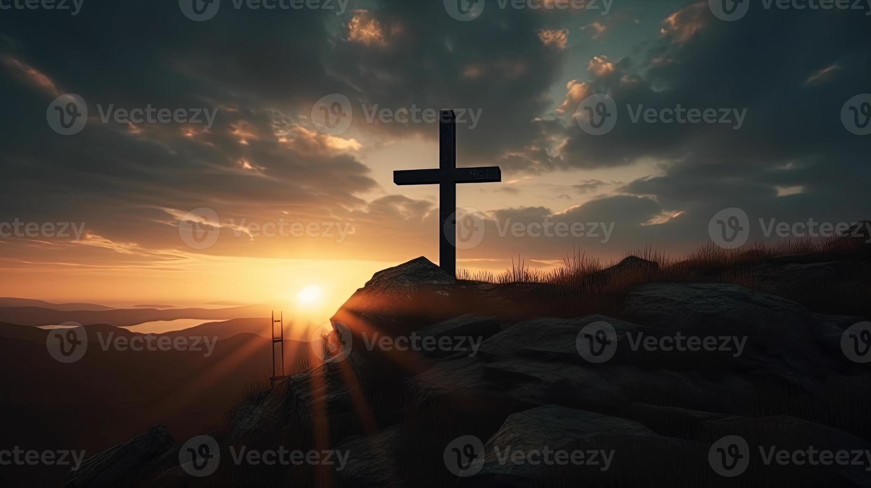 Mountain Majesty Artistic Silhouette of Crucifix Cross Against Sunset Sky photo