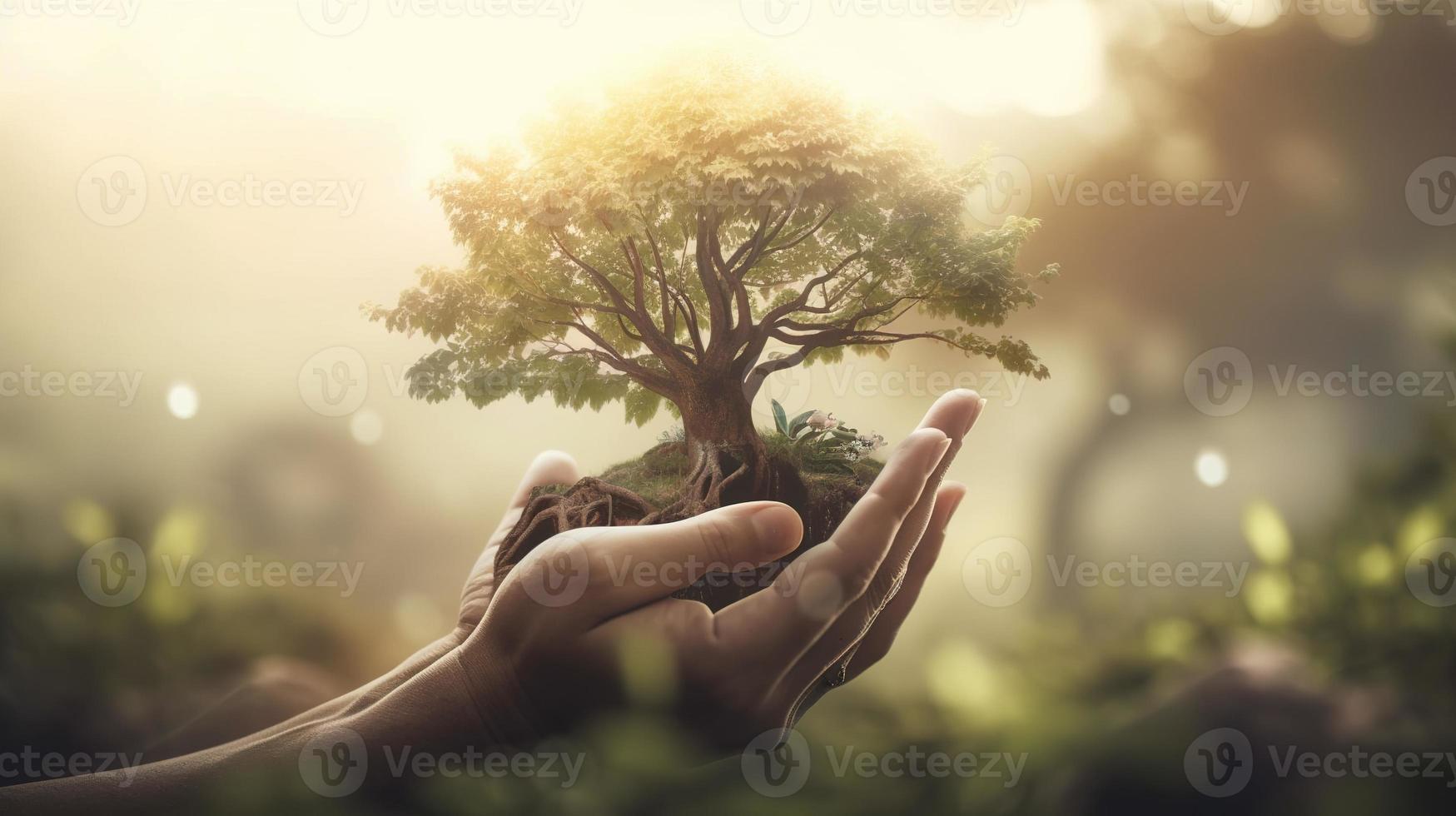 Artistic Hands Embrace Nature's Beauty Holding Tree Over Blurred Background photo