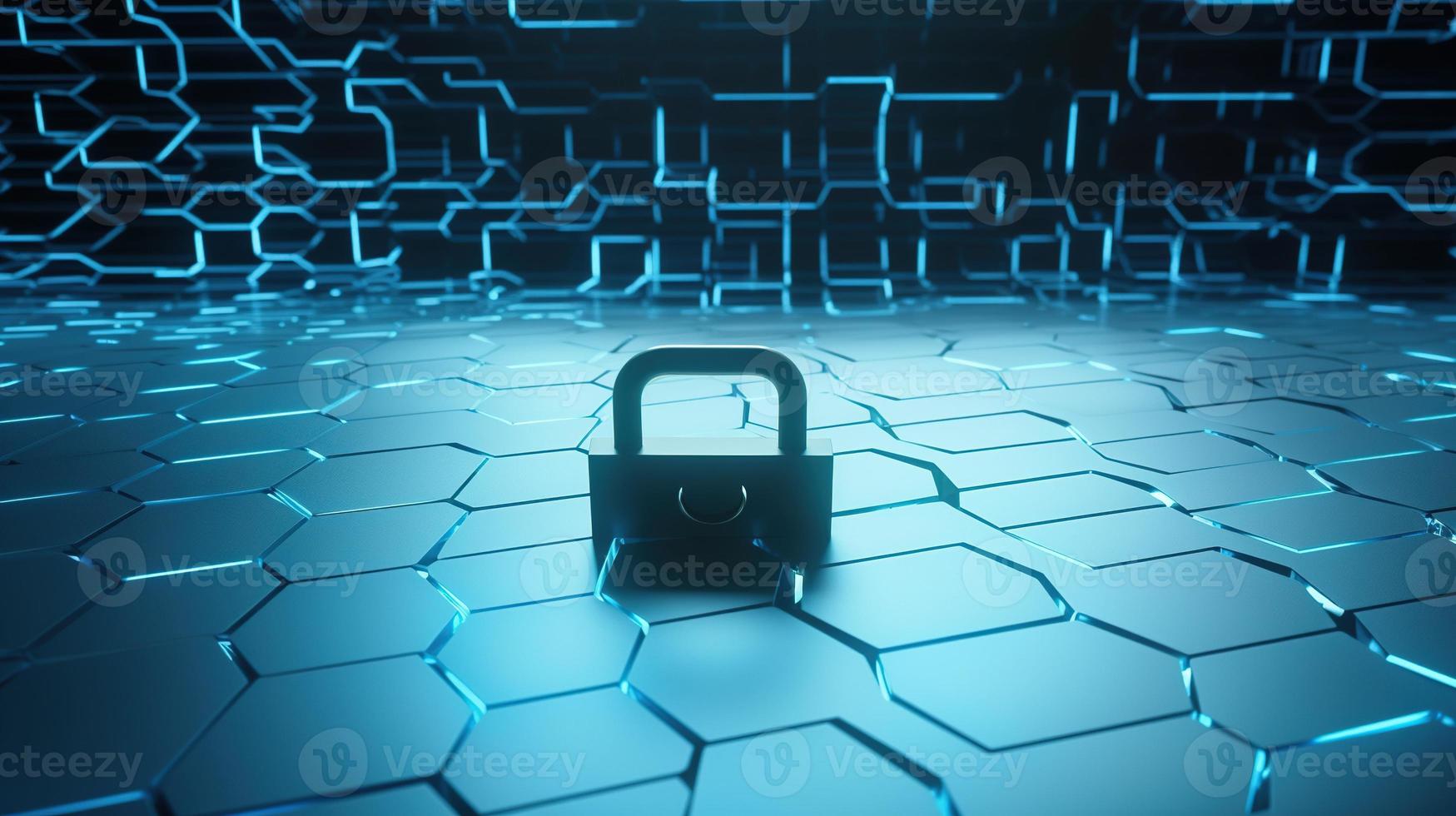 Cyber security concept with closed padlock on hexagons background 3D rendering photo