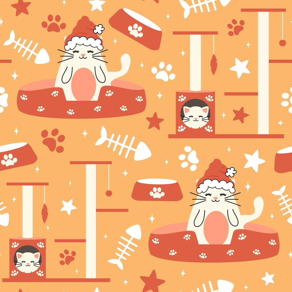 Cute christmas seamless vector pattern background illustration with cat with santa claus hat, scratching post, stars, paw prints and fish bones