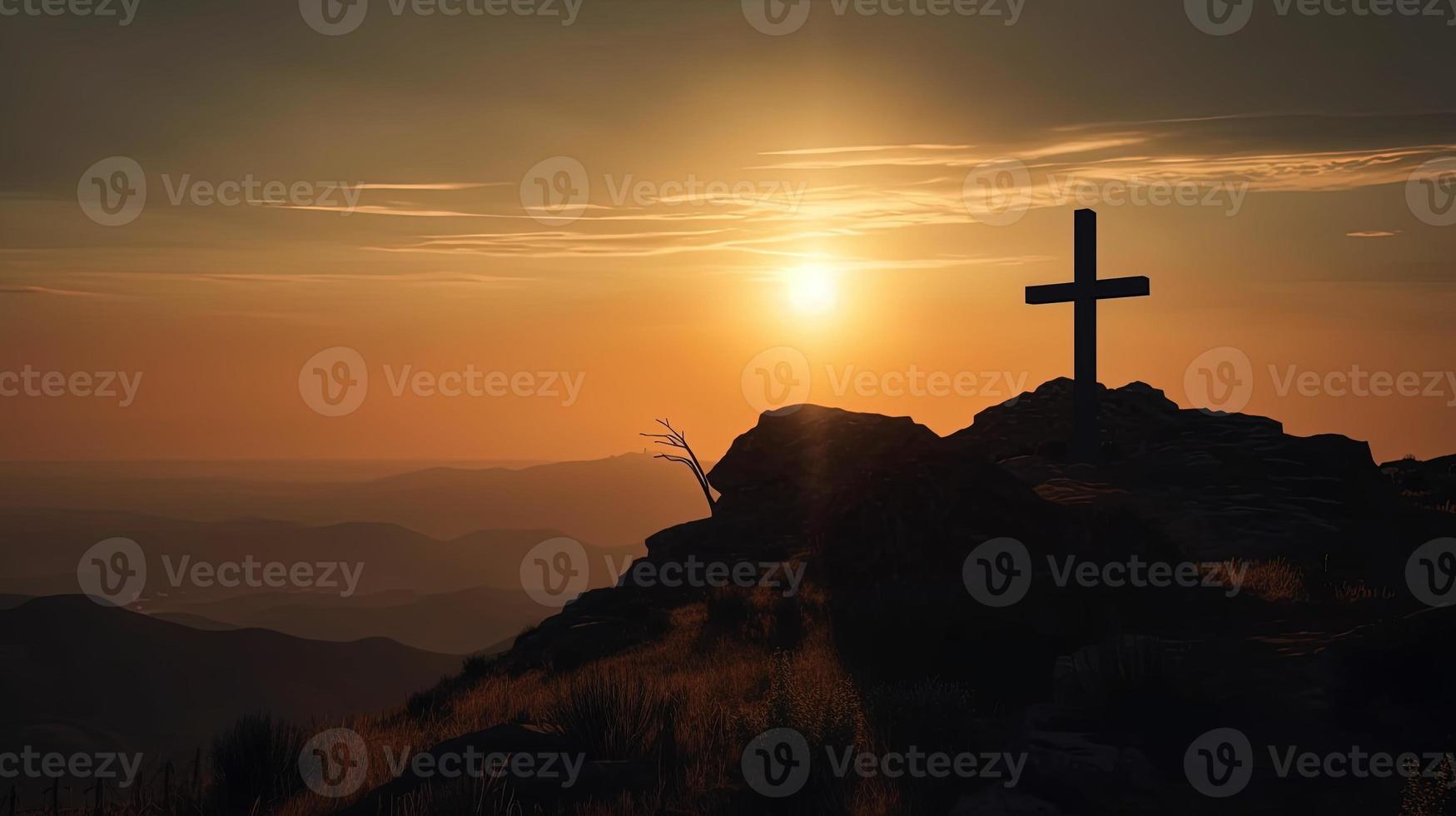 Mountain Majesty Artistic Silhouette of Crucifix Cross Against Sunset Sky photo