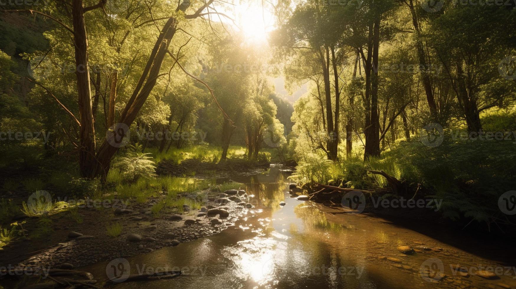 A peaceful forest clearing bathed in warm sunlight, surrounded by tall trees and lush foliage, with a gentle stream trickling through the undergrowth and a distant mountain range visible photo