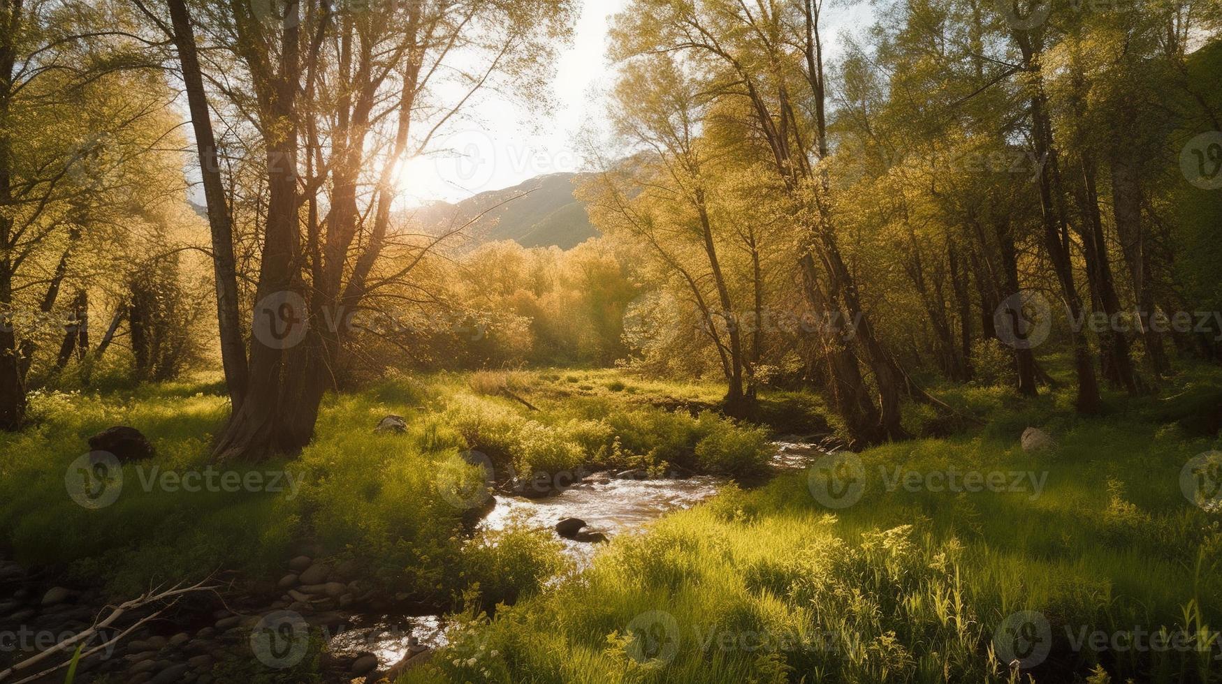 A peaceful forest clearing bathed in warm sunlight, surrounded by tall trees and lush foliage, with a gentle stream trickling through the undergrowth and a distant mountain range visible photo