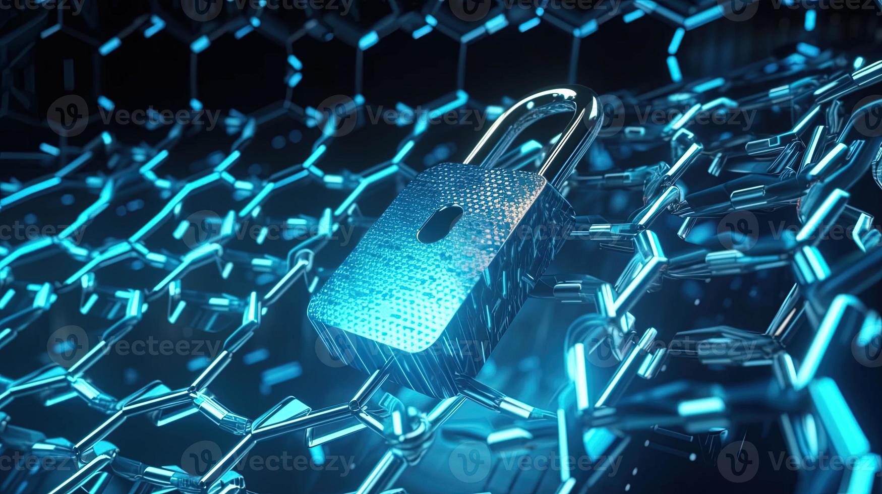 Cyber security concept with closed padlock on hexagons background 3D rendering photo