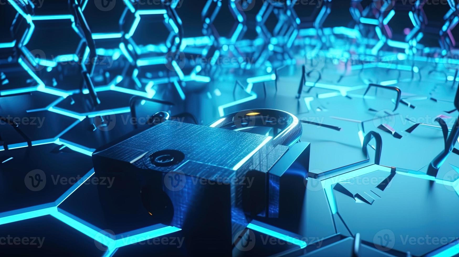 Cyber security concept with closed padlock on hexagons background 3D rendering photo