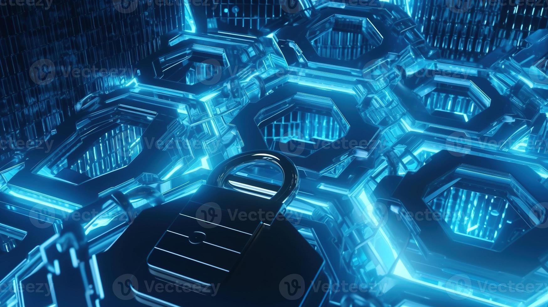 Cyber security concept with closed padlock on hexagons background 3D rendering photo