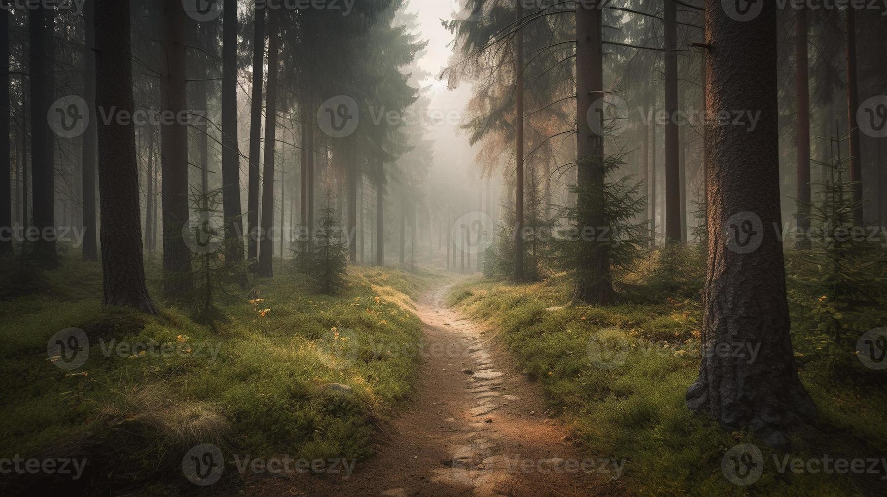 Foggy path through the forest ,Sunset in a dark forest with rays of light passing through the trees photo