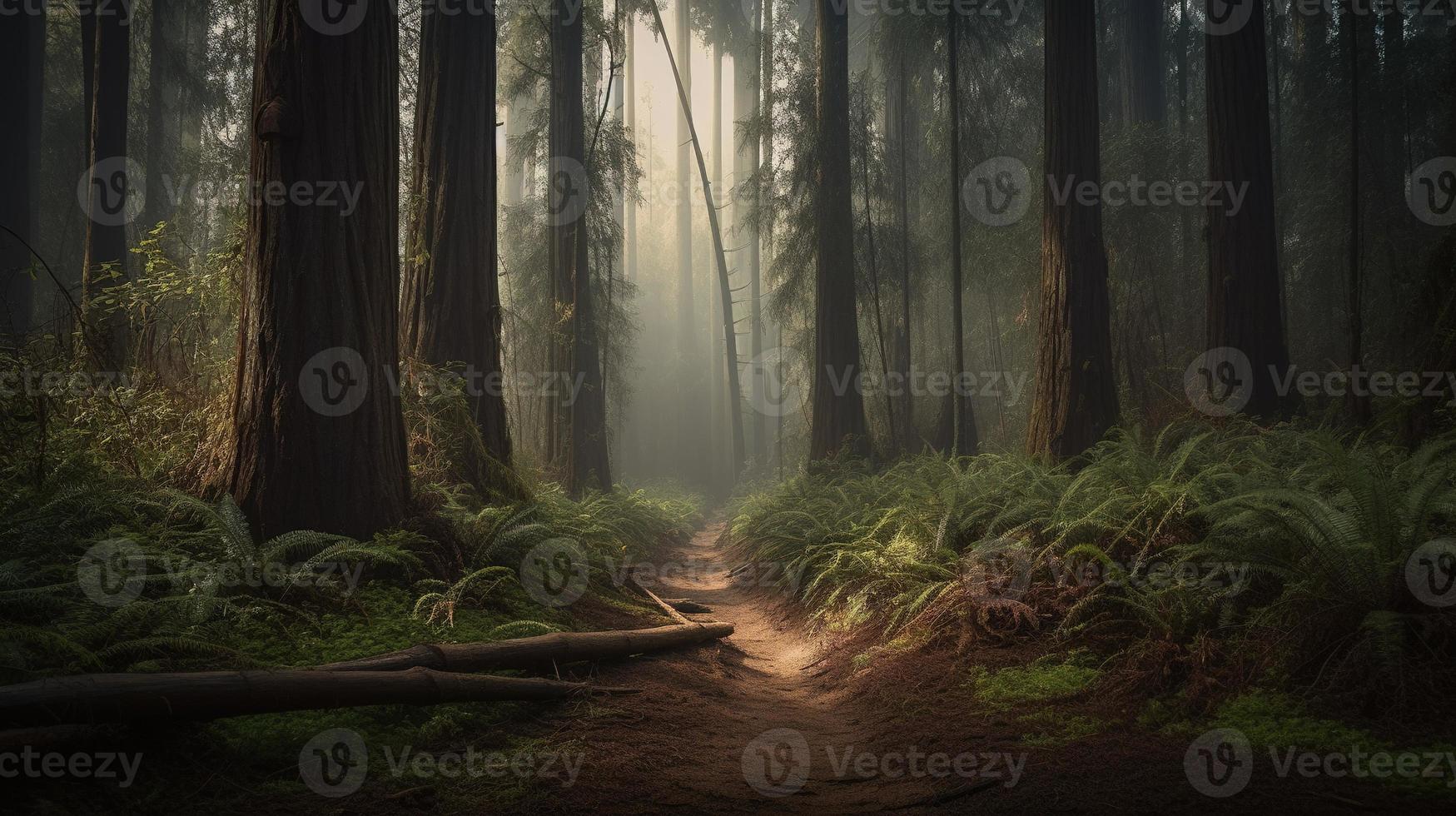 Foggy path through the forest ,Sunset in a dark forest with rays of light passing through the trees photo