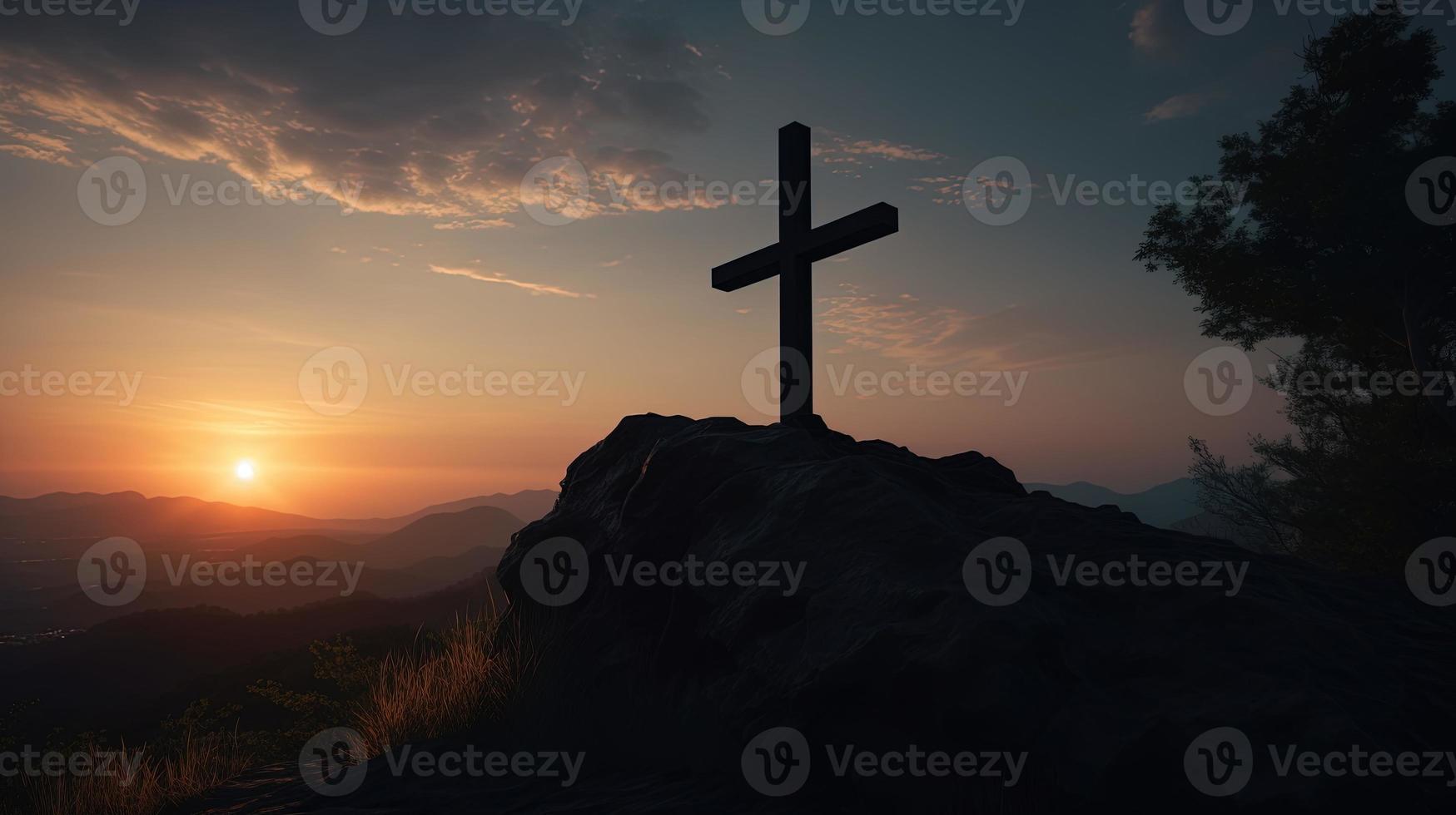 Mountain Majesty Artistic Silhouette of Crucifix Cross Against Sunset Sky photo