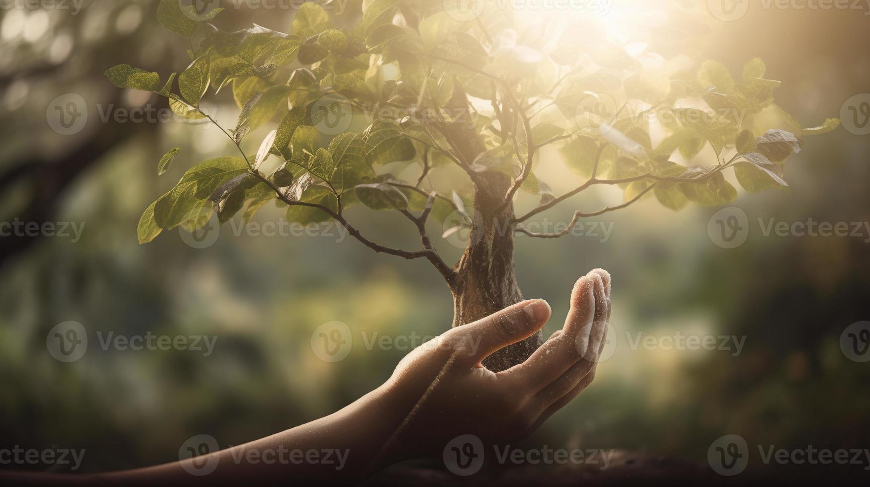 Artistic Hands Embrace Nature's Beauty Holding Tree Over Blurred Background photo