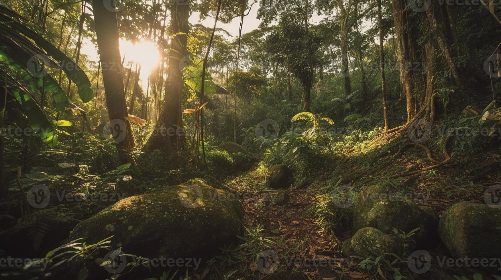 A peaceful forest clearing bathed in warm sunlight, surrounded by tall trees and lush foliage, with a gentle stream trickling through the undergrowth and a distant mountain range visible photo