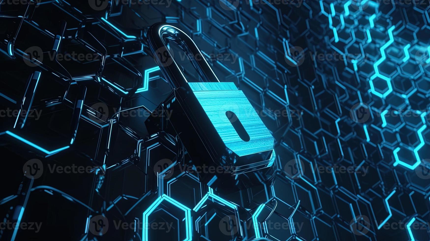 Cyber security concept with closed padlock on hexagons background 3D rendering photo