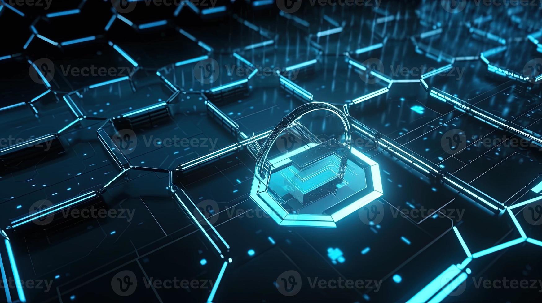 Cyber security concept with closed padlock on hexagons background 3D rendering photo