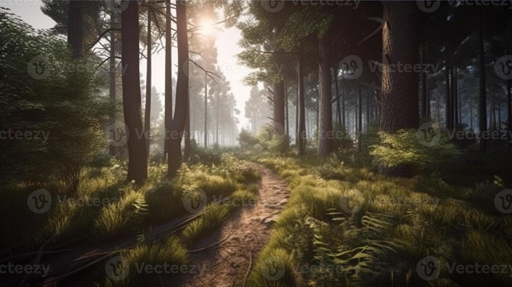 Foggy path through the forest ,Sunset in a dark forest with rays of light passing through the trees photo