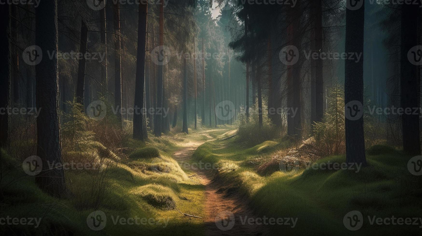 brumoso camino mediante el bosque ,atardecer en un oscuro bosque con rayos de ligero paso mediante el arboles foto