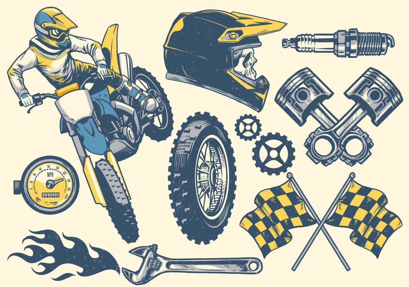 set of motocross object in retro hand drawing style vector