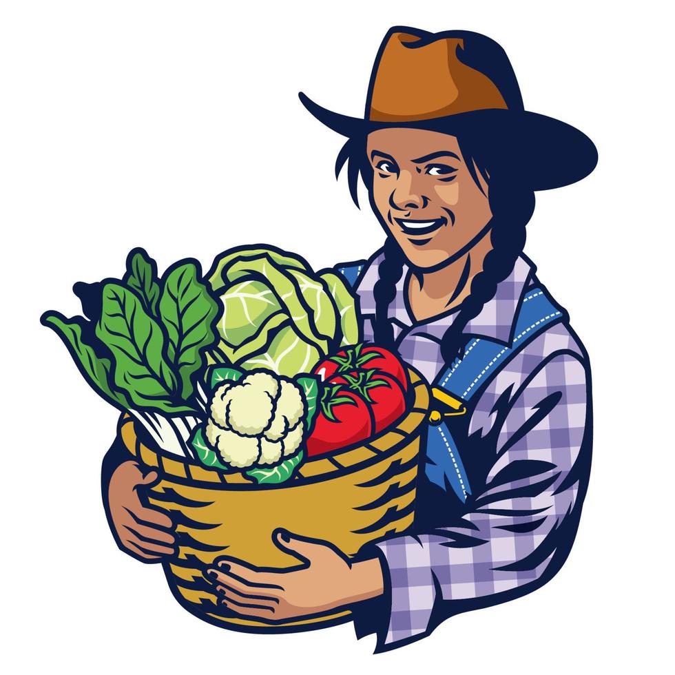 contento mujer granjero sostener un Cubeta lleno de vegetales cosecha vector