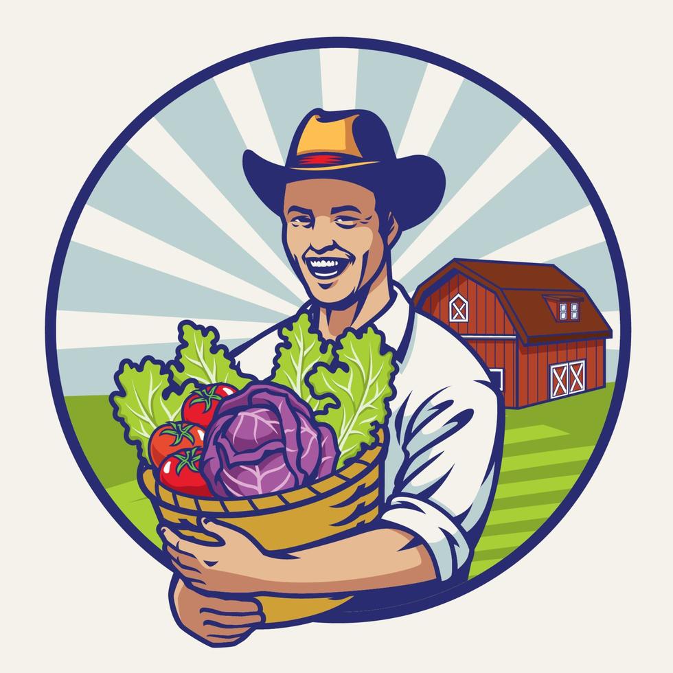 happy farmer with a basket full of vegetables vector