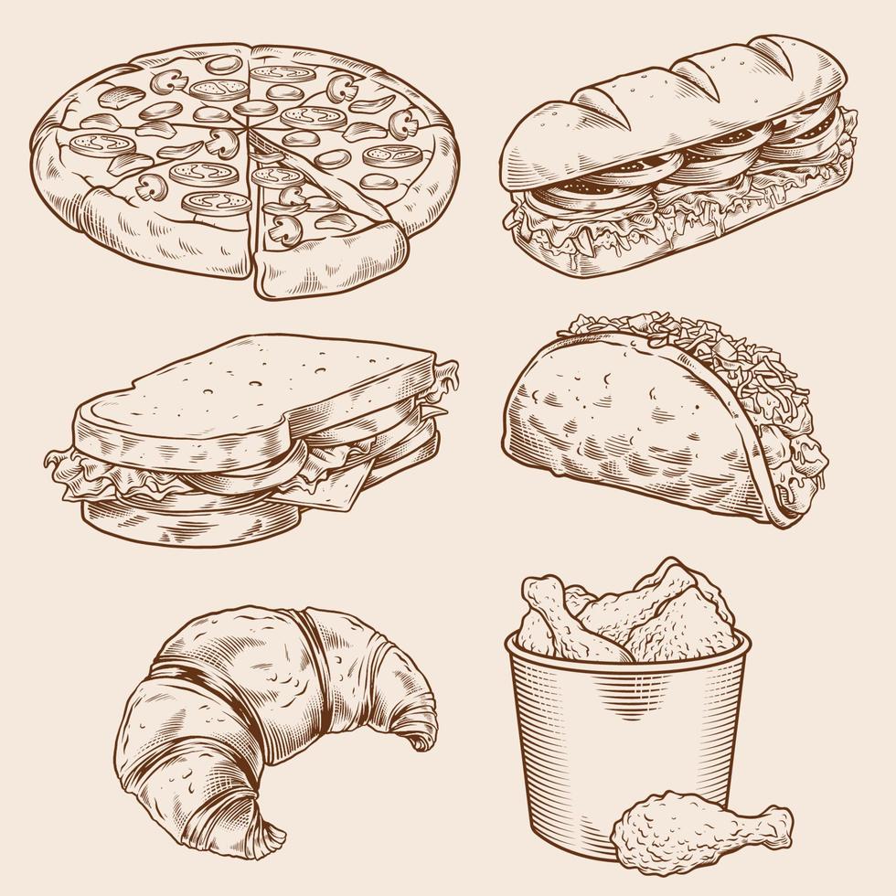 vintage fast food hand drawing set vector