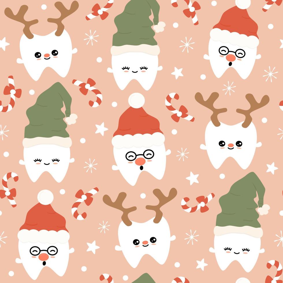 Cute funny cartoon holiday seamless vector pattern background illustration with teeth and christmas elements