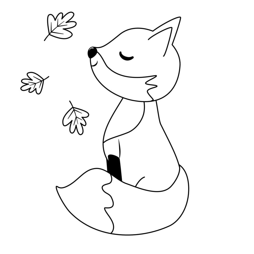 cute cartoon black and white character fox with autumn leaves vector illustration for coloring art