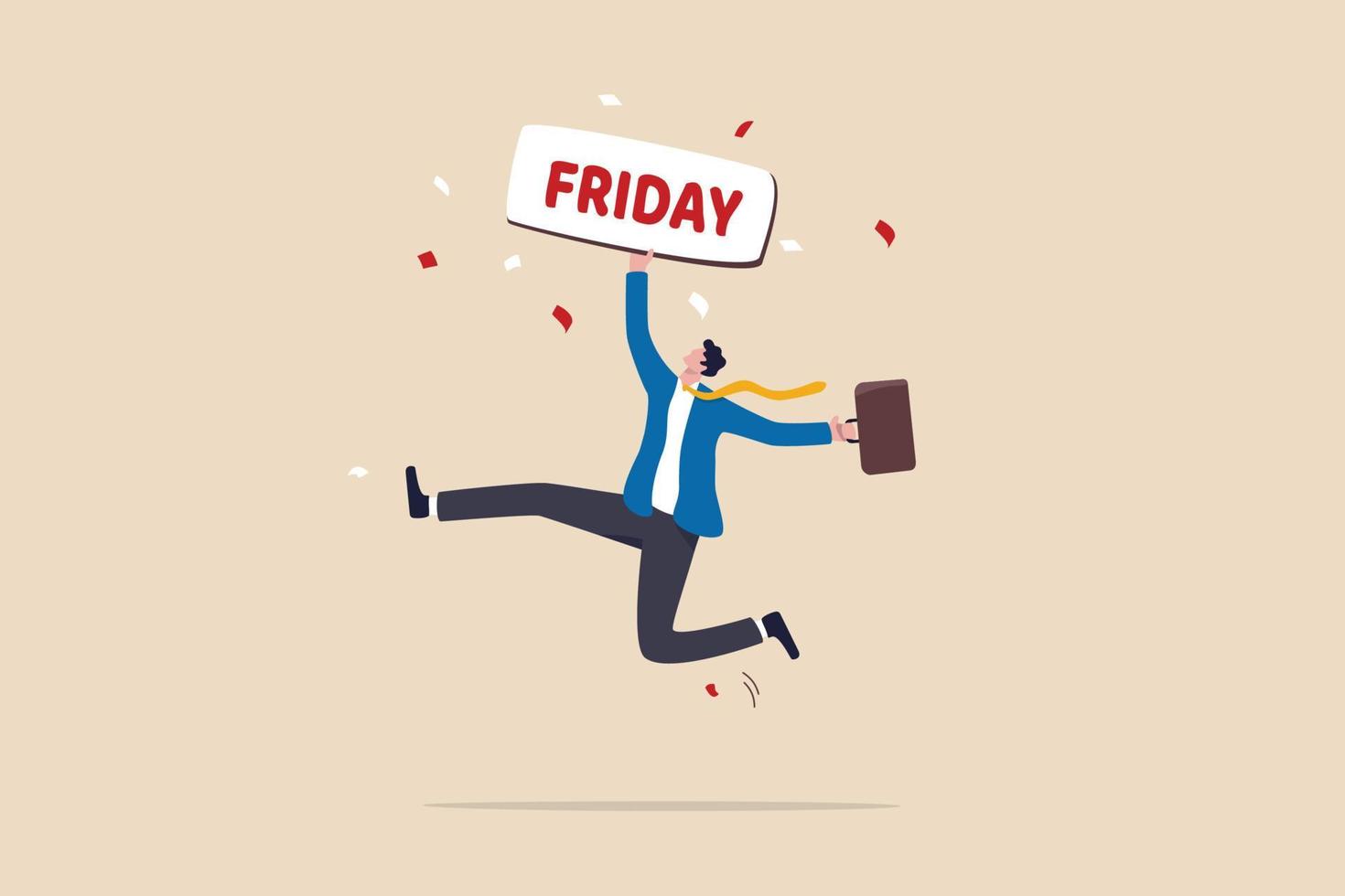 contento viernes, relajarse o disfrutar último trabajando día y abrazo fin de semana, intentó rutina día trabajo empleado, alegre estilo de vida después Estresante semana largo, contento empresario saltando mientras participación viernes signo. vector