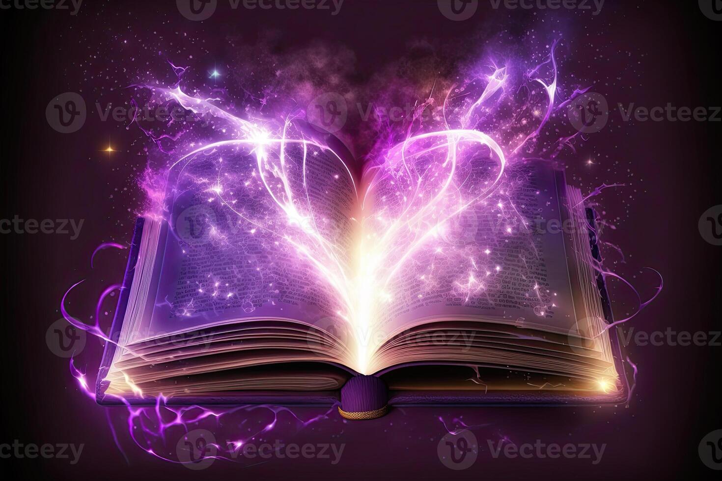 Open magical book with glowing lights over pages on abstract background. Fantasy reading. Created with photo