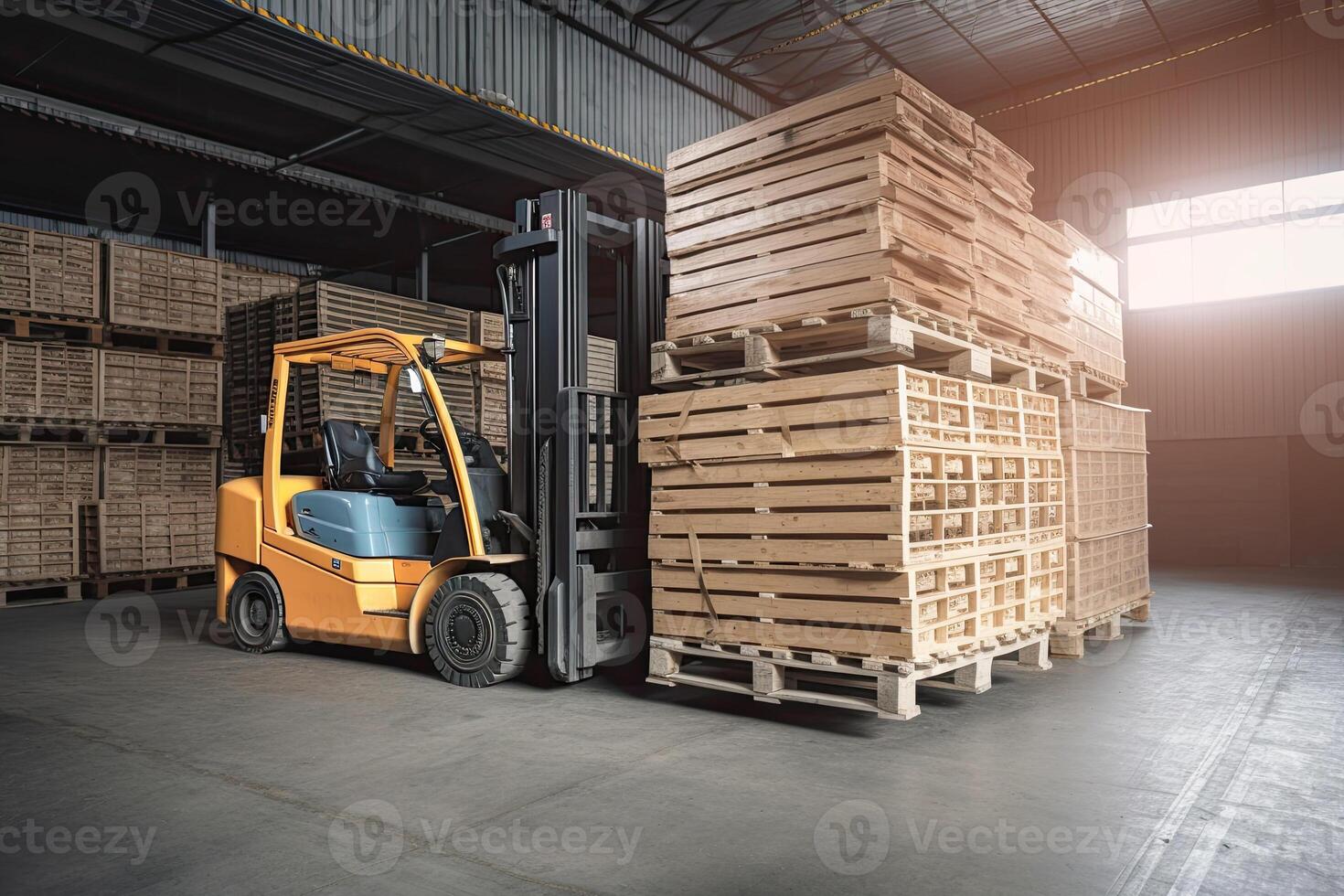 Forklift for loading pallets with packages in warehouse interior. Commercial distribution warehouse with shelves and boxes. Created with photo