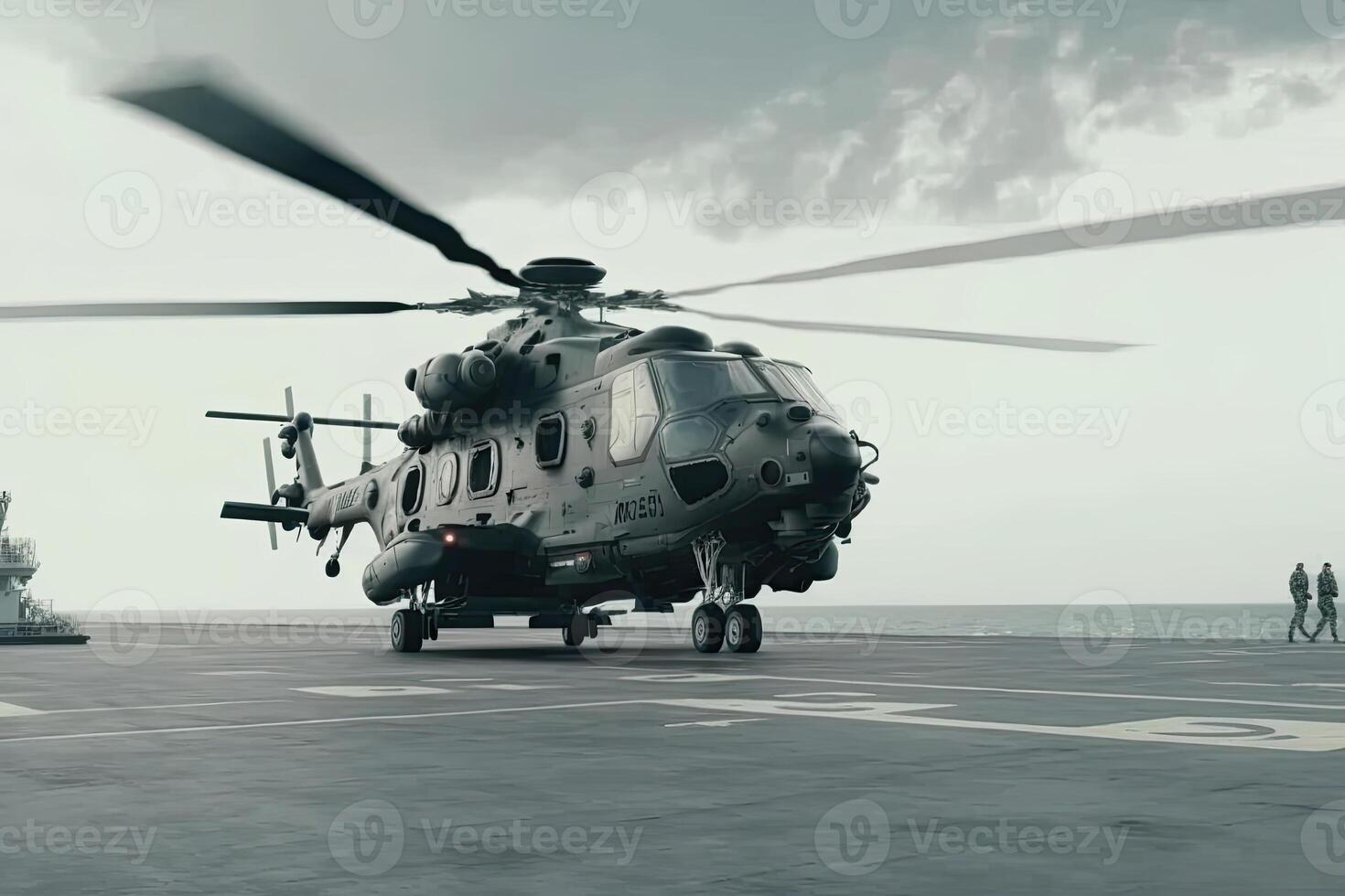 Military helicopter on warship board in the sea. Navy helicopter on board the aircraft carrier. Created with photo