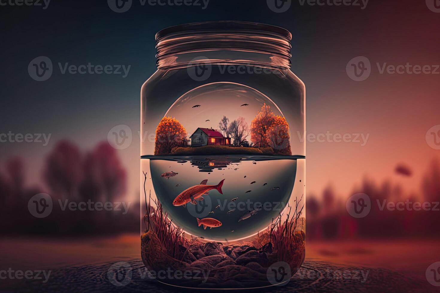 Glass jar with fantasy world inside. Capturing dream concept. Created with photo