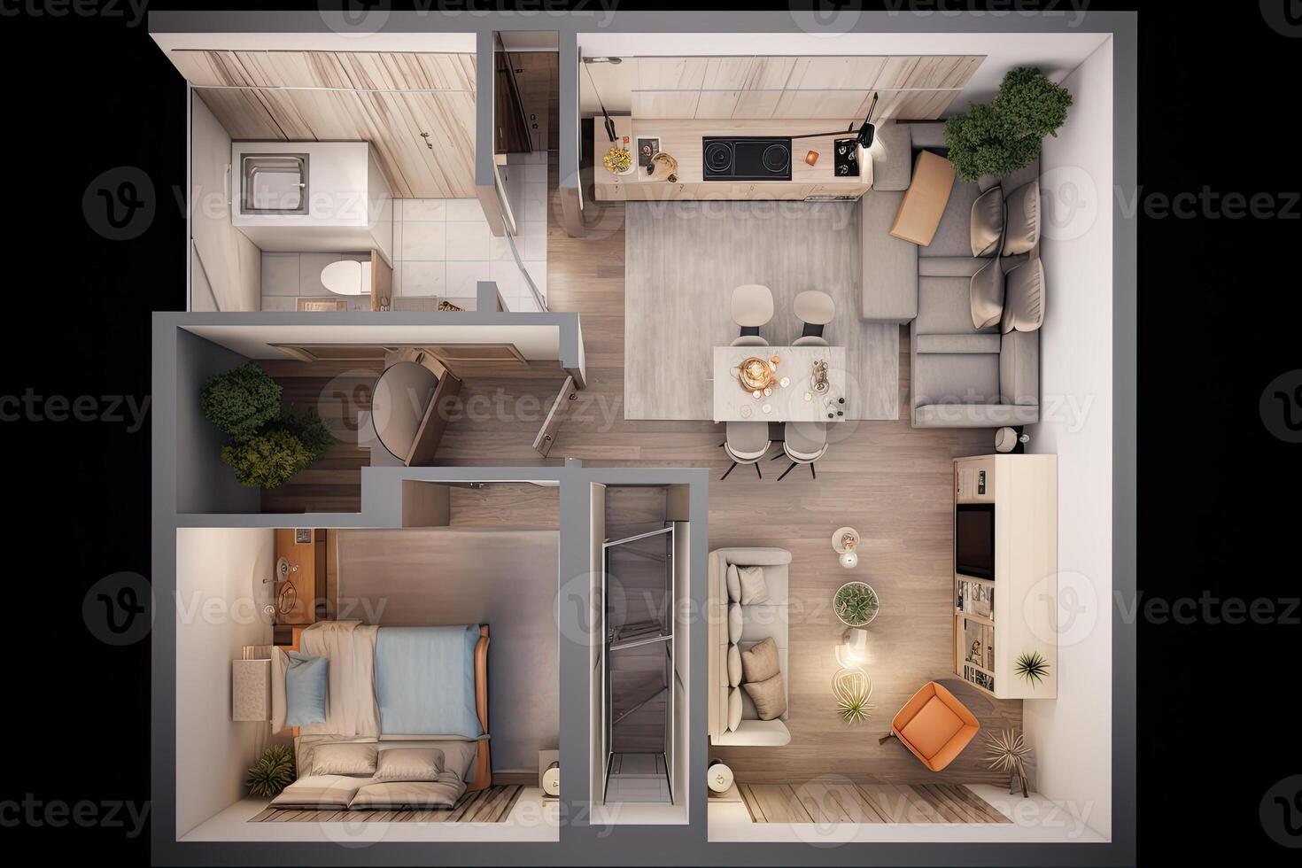 Apartment visualization, design project. Architectural plan for renovation. Living room interior, top view. Created with photo